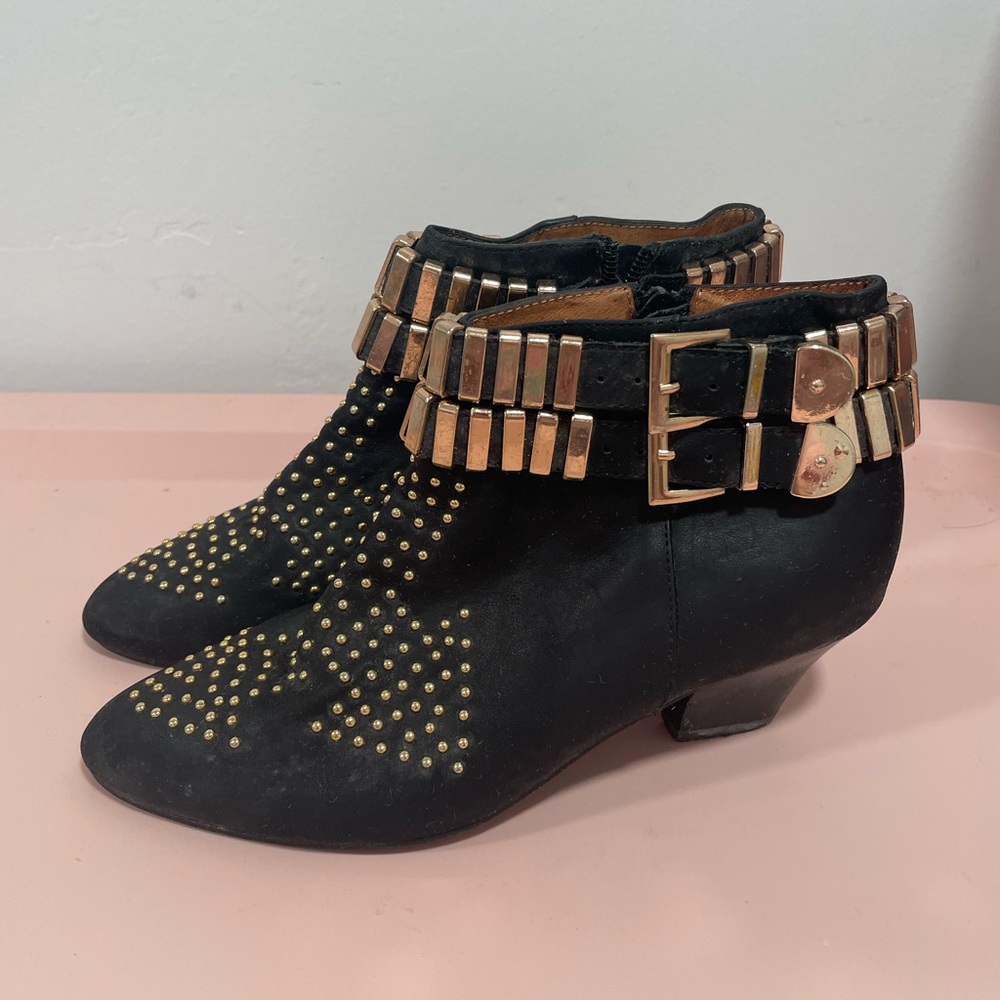 Jeffrey Campbell Benatar Gold Studded Black Suede Leather Heel Boots 5.5